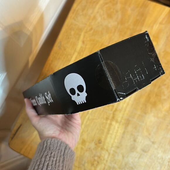 Halloween Decor Two Piece Light Gold Colored Stacked Skull Candlestick Set - Picture 5 of 7